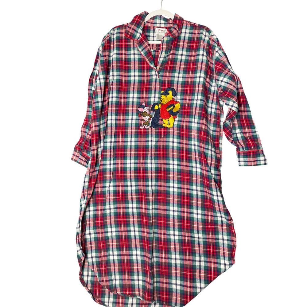 Vintage Disney Winnie the Pooh Plaid Flannel Nightshirt Red Green Sleep Shirt OS